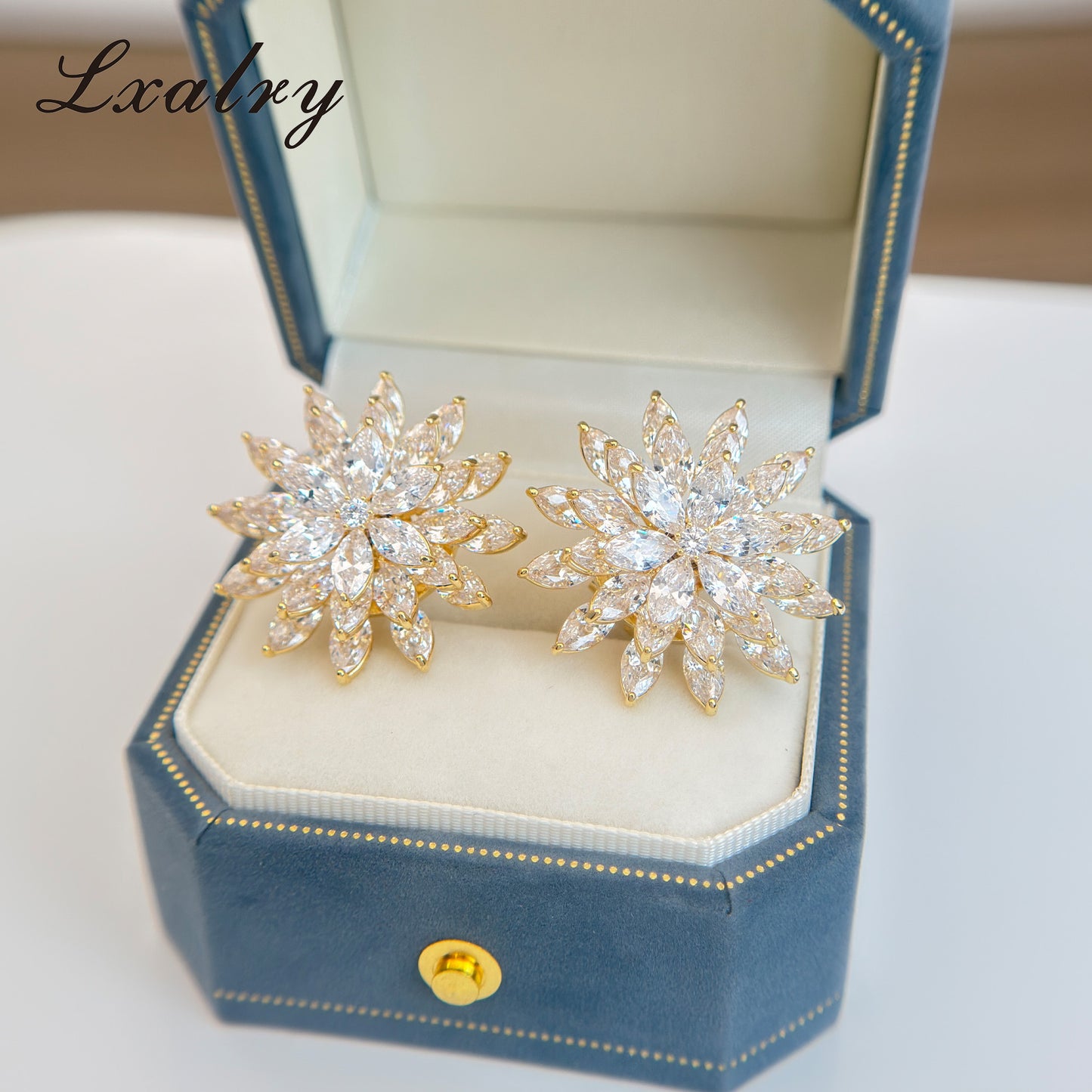 Lxalry 18K Gold Plated Copper Flower Jewelry Set - Baroque Style Statement Ring & Earrings - Hypoallergenic, Non-Tarnish, Elegant Gift For Women