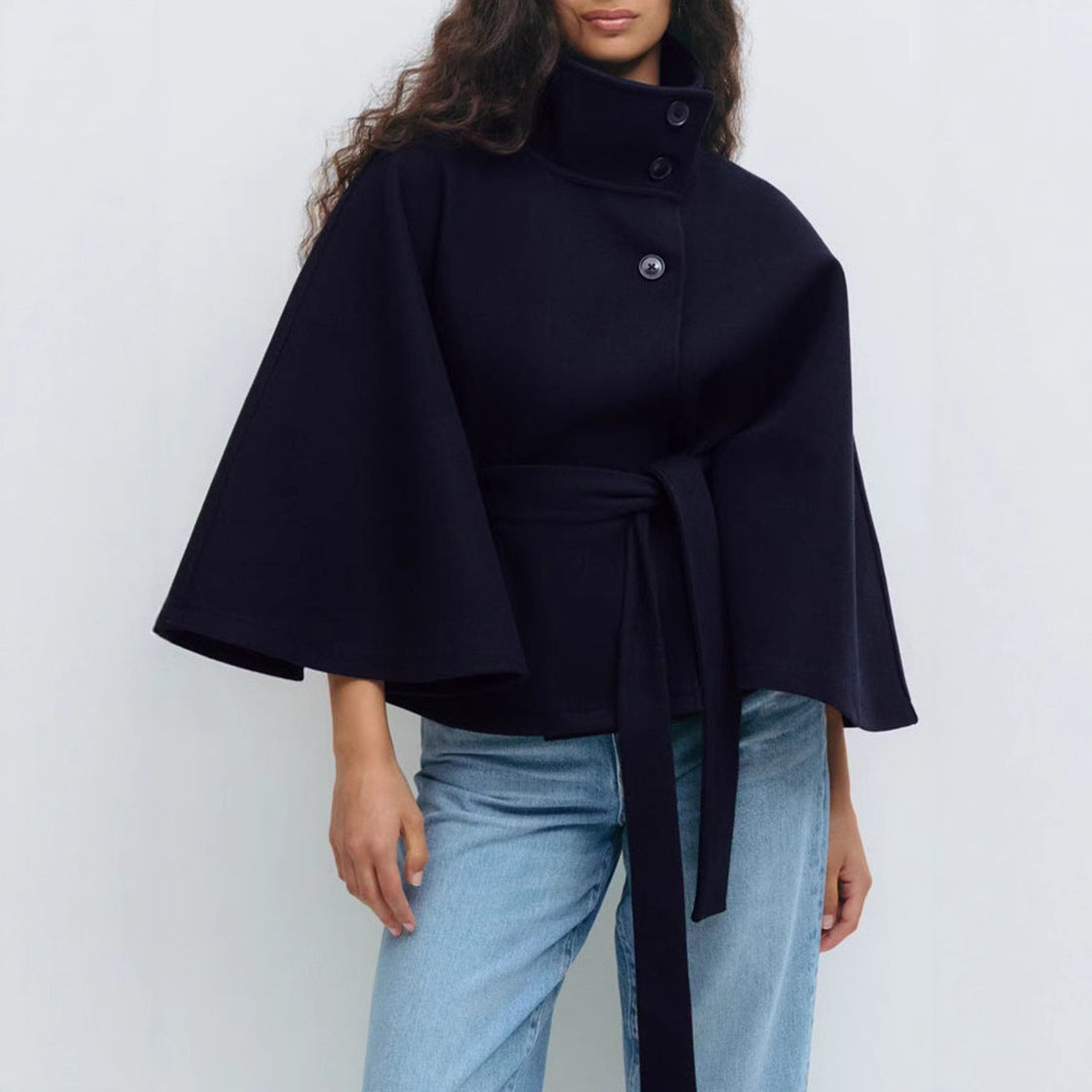 Women's Autumn And Winter New Solid Color Cloak Stand Collar Button Belt Trench Coat