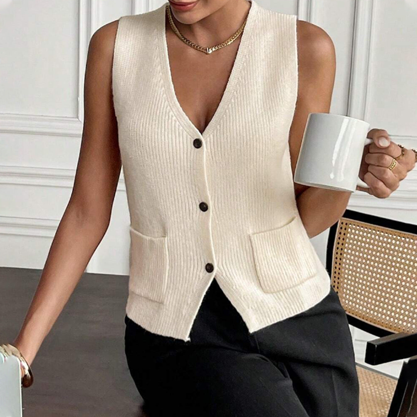 European And American Solid Color Single-breasted Sweater V-neck Pocket Vest