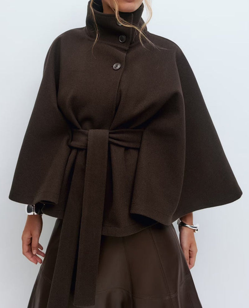 Women's Autumn And Winter New Solid Color Cloak Stand Collar Button Belt Trench Coat