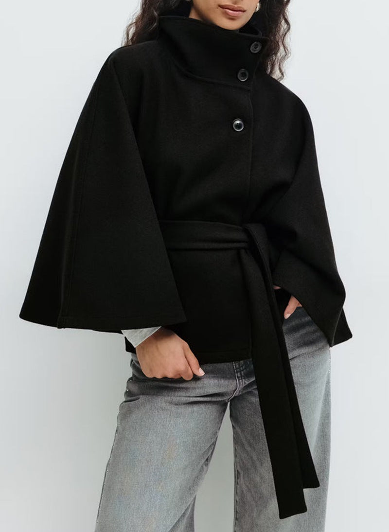 Women's Autumn And Winter New Solid Color Cloak Stand Collar Button Belt Trench Coat