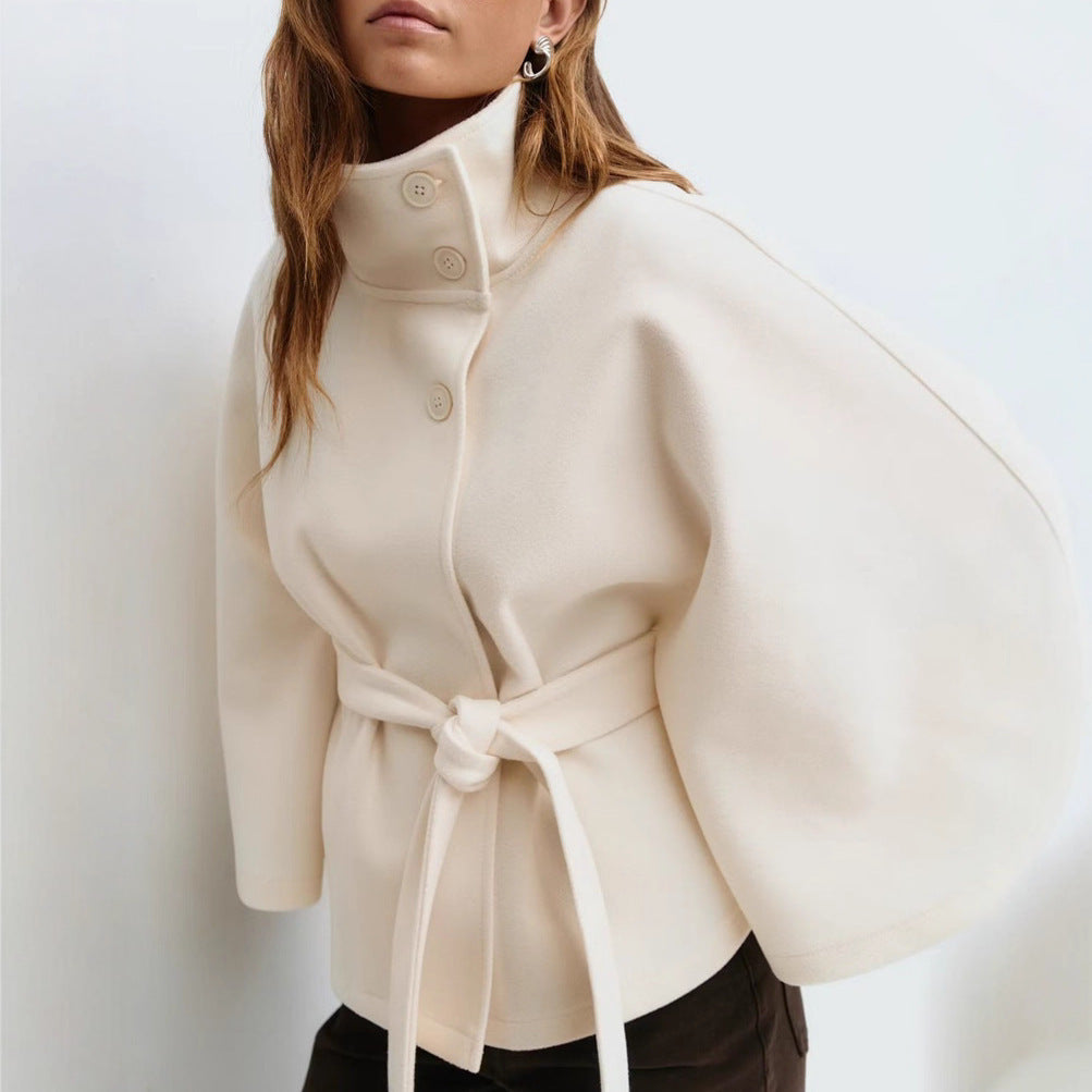 Women's Autumn And Winter New Solid Color Cloak Stand Collar Button Belt Trench Coat