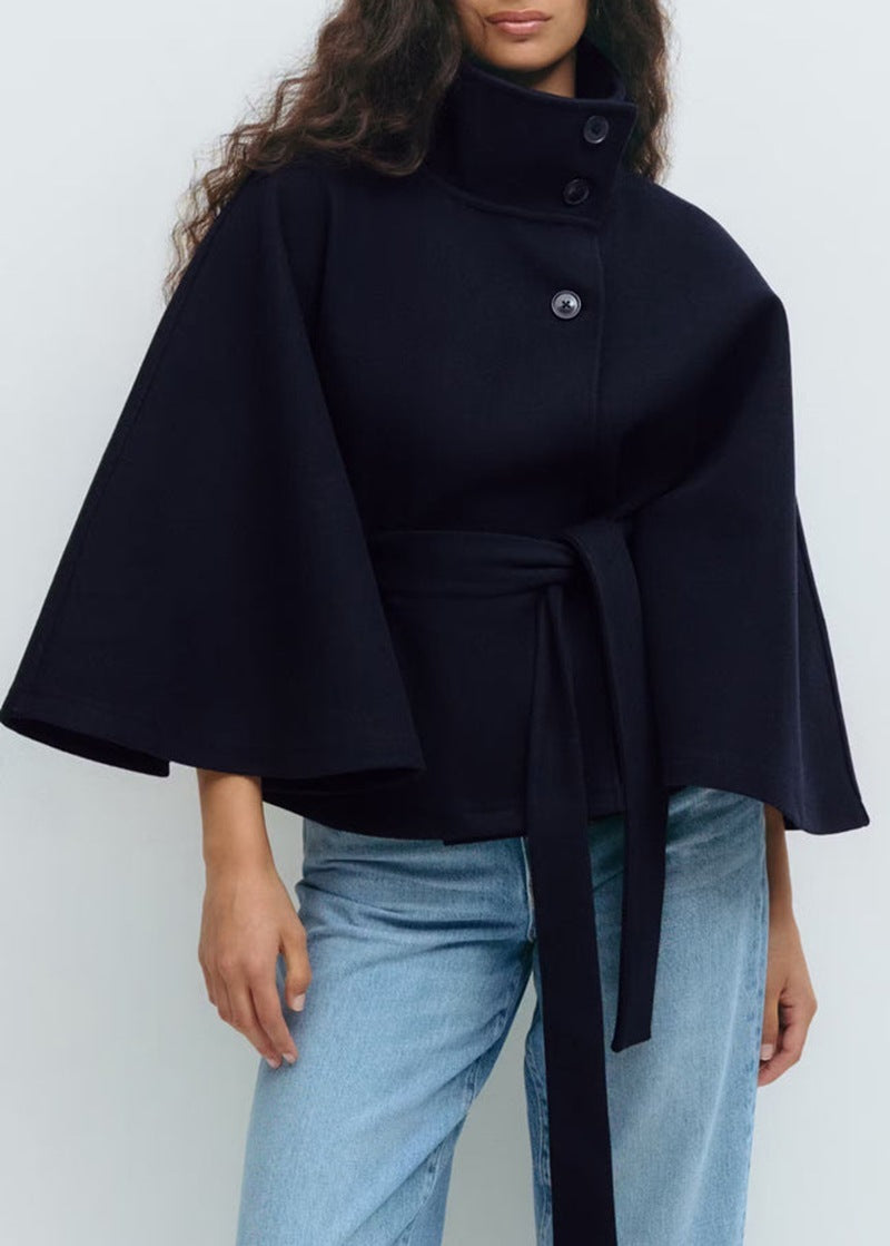 Women's Autumn And Winter New Solid Color Cloak Stand Collar Button Belt Trench Coat