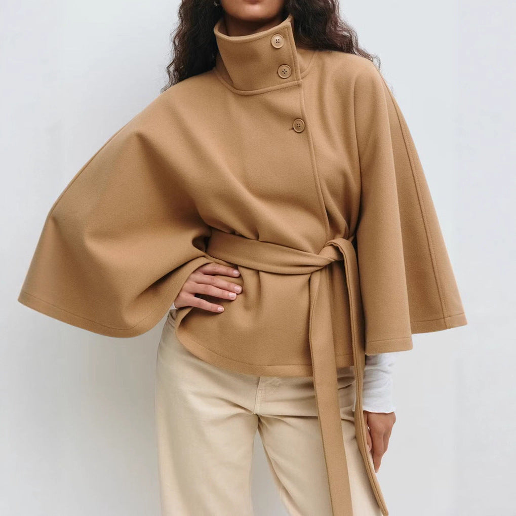 Women's Autumn And Winter New Solid Color Cloak Stand Collar Button Belt Trench Coat