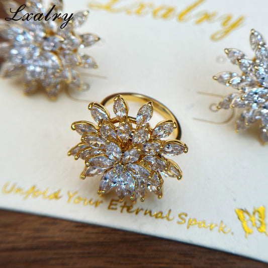Lxalry 18K Gold Plated Copper Flower Jewelry Set - Baroque Style Statement Ring & Earrings - Hypoallergenic, Non-Tarnish, Elegant Gift For Women